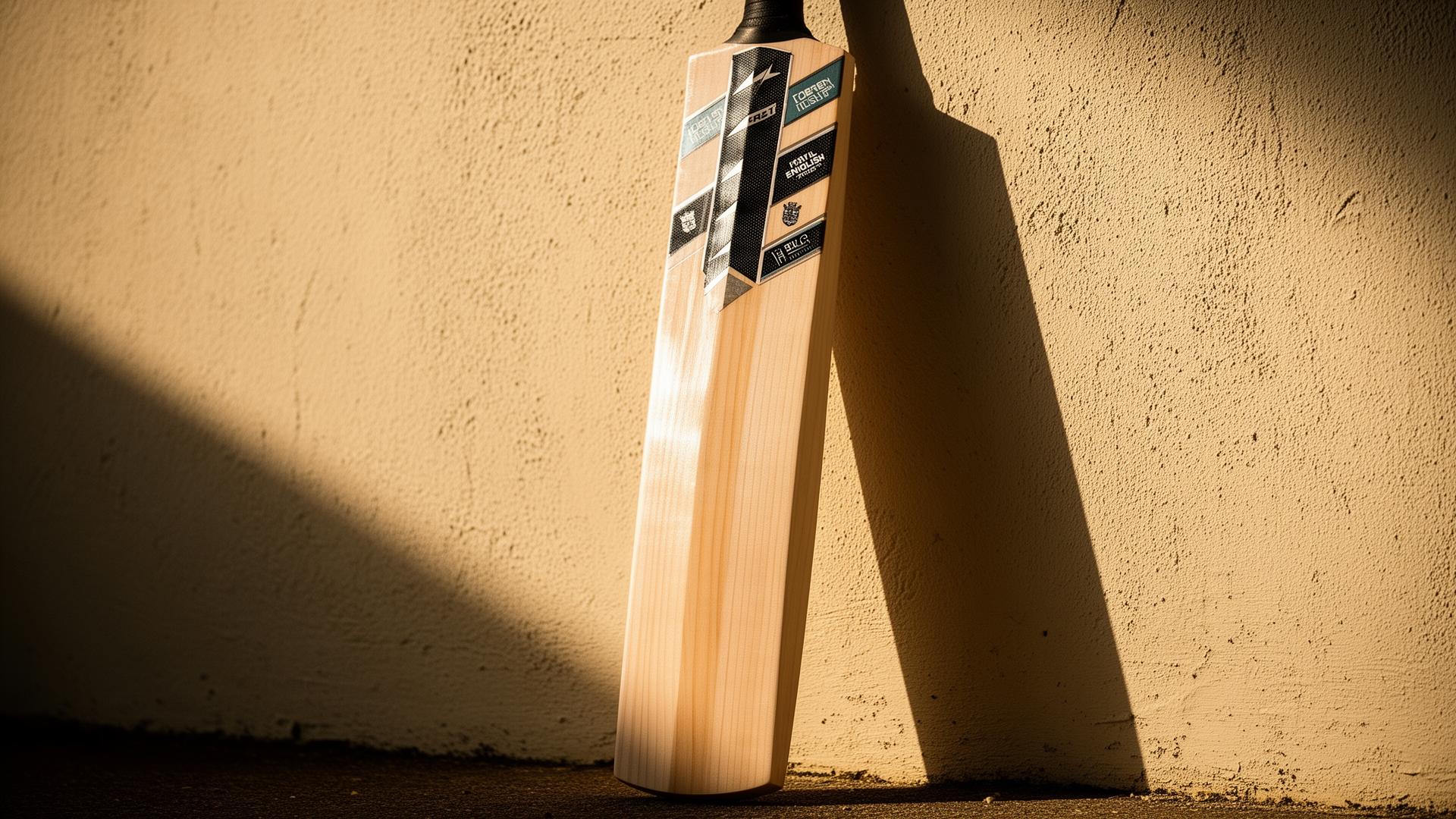A premium English willow cricket bat leaning against a textured cream plaster wall